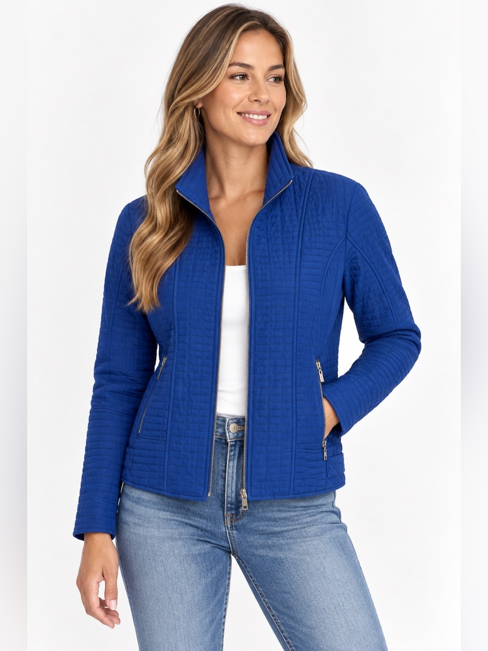 Chico's Cobalt Quilted Zip-Front Bomber Jacket